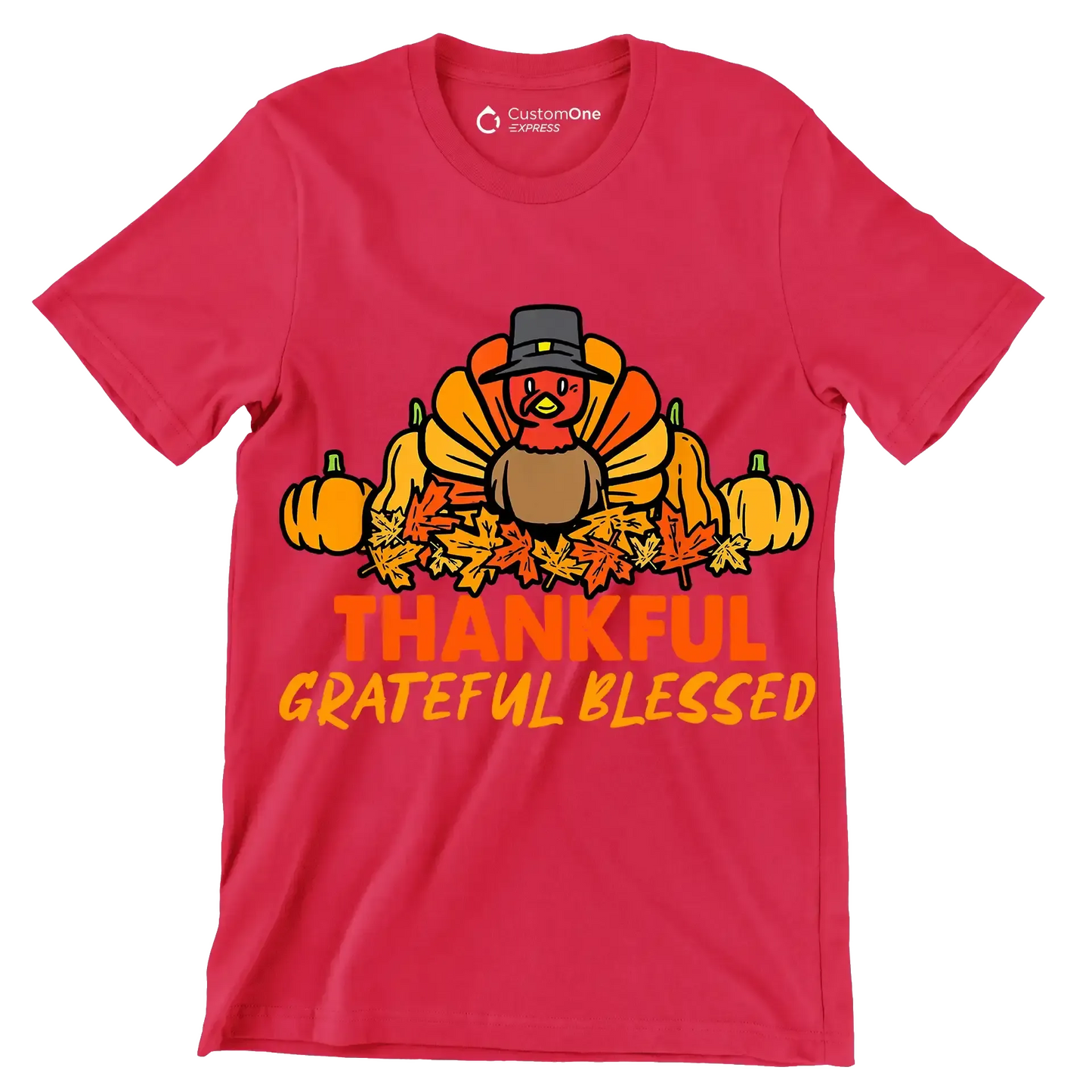 Thankful Grateful Blessed - Thanksgiving Themed T-Shirt-Red-S-Custom One Express