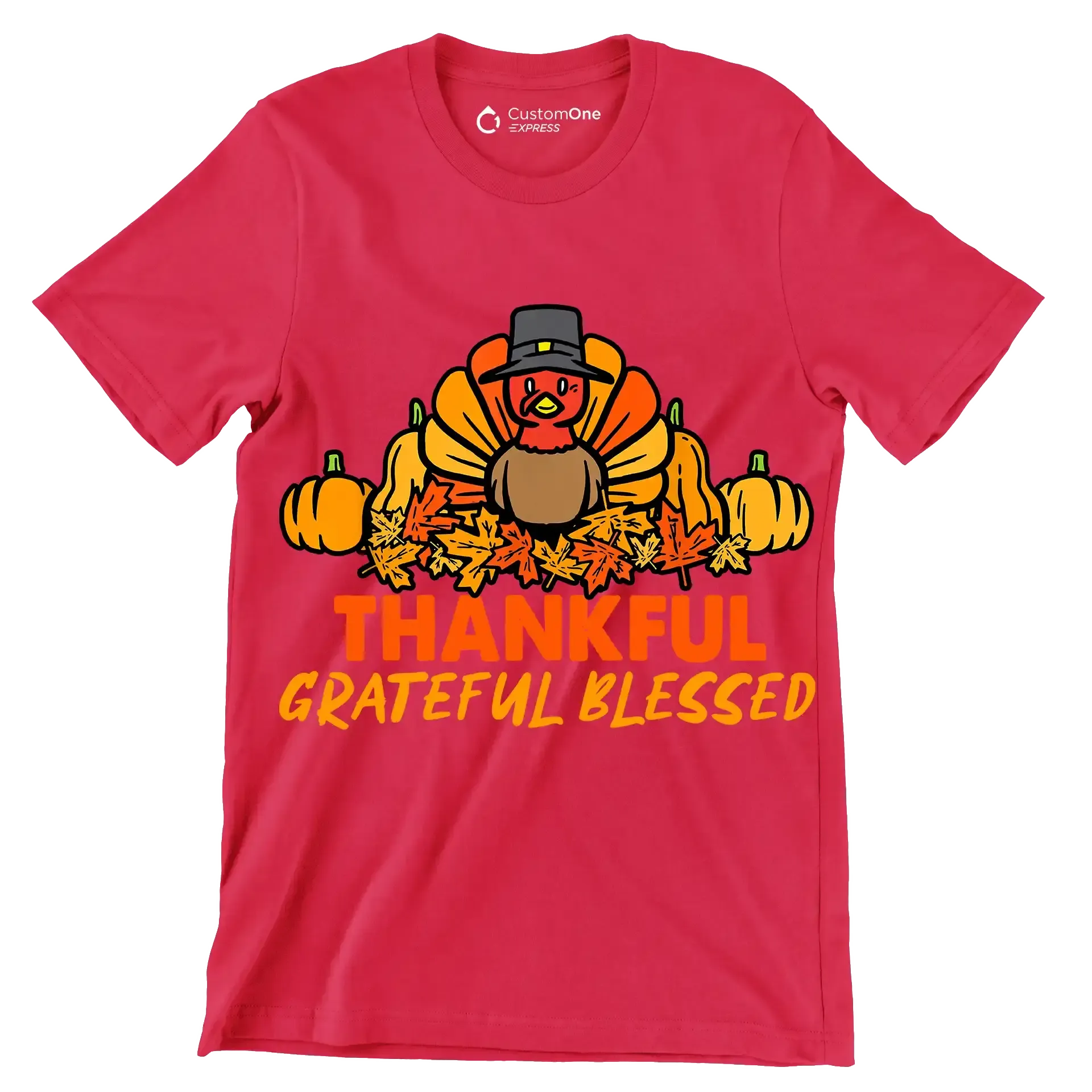 Thankful Grateful Blessed - Thanksgiving Themed T-Shirt-Red-S-Custom One Express