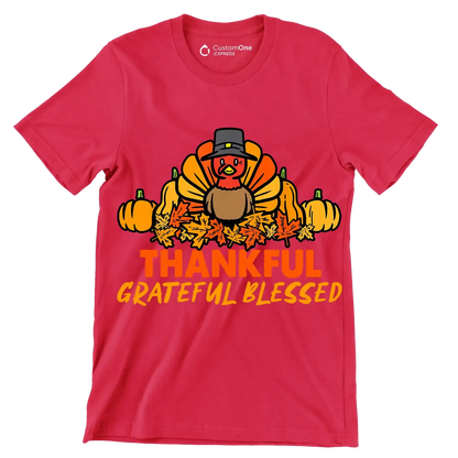 Thankful Grateful Blessed - Thanksgiving Themed T-Shirt-Red-S-Custom One Express
