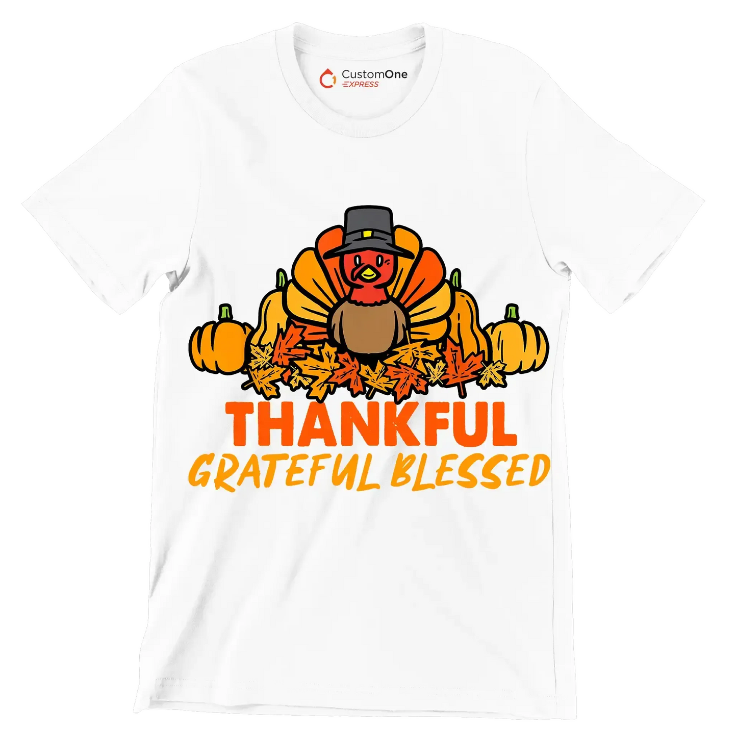 Thankful Grateful Blessed - Thanksgiving Themed T-Shirt-White-S-Custom One Express
