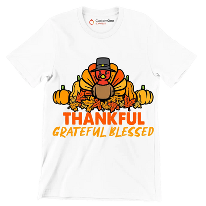 Thankful Grateful Blessed - Thanksgiving Themed T-Shirt-White-S-Custom One Express