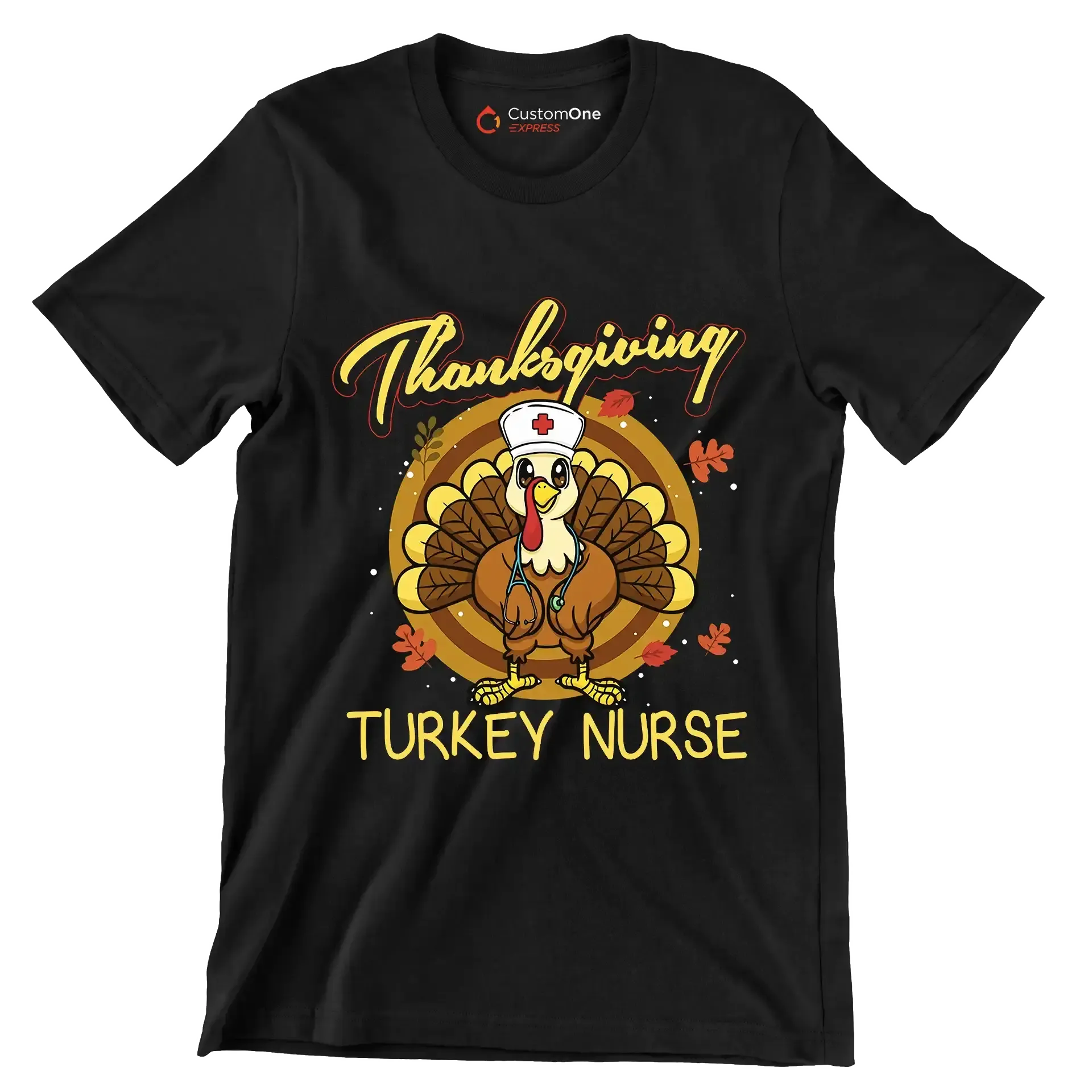 Thanksgiving Turkey Nurse - Thanksgiving Themed T-Shirt-Black-S-Custom One Express