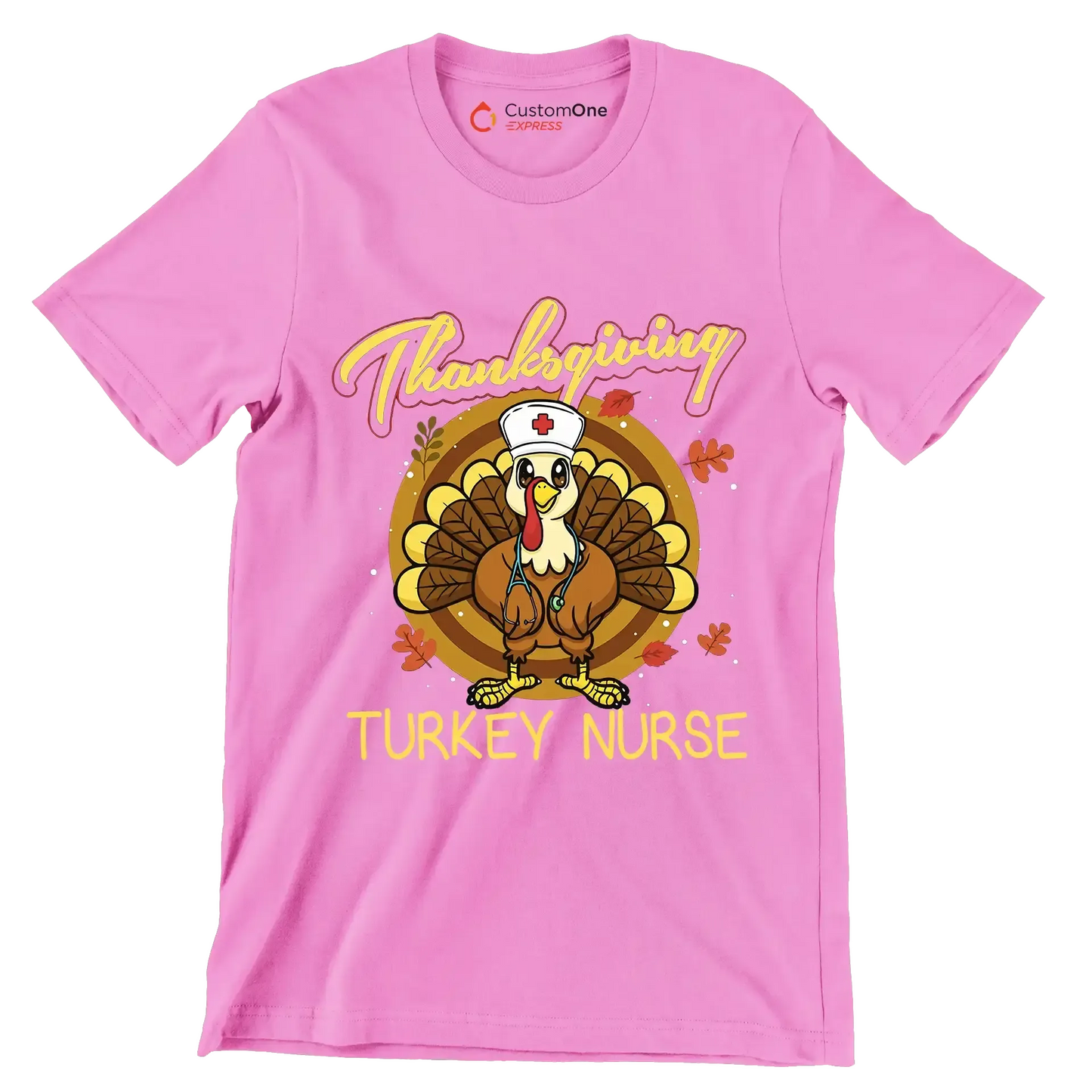 Thanksgiving Turkey Nurse - Thanksgiving Themed T-Shirt-Pink-S-Custom One Express