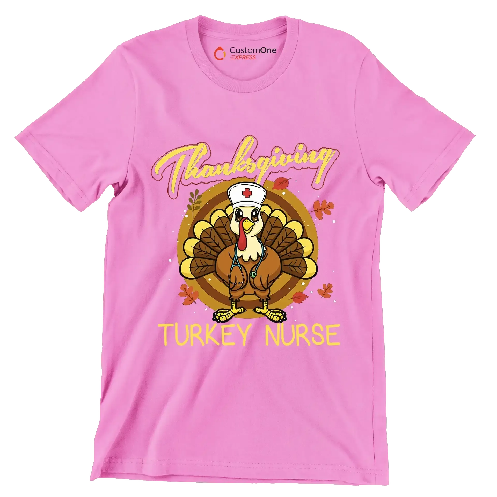 Thanksgiving Turkey Nurse - Thanksgiving Themed T-Shirt-Pink-S-Custom One Express