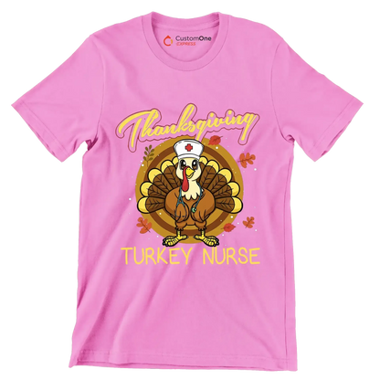 Thanksgiving Turkey Nurse - Thanksgiving Themed T-Shirt-Pink-S-Custom One Express