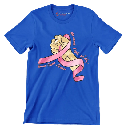 This warrior fought and won! breast cancer survivor - Breast Cancer Awareness T-Shirt-Blue-S-Custom One Express