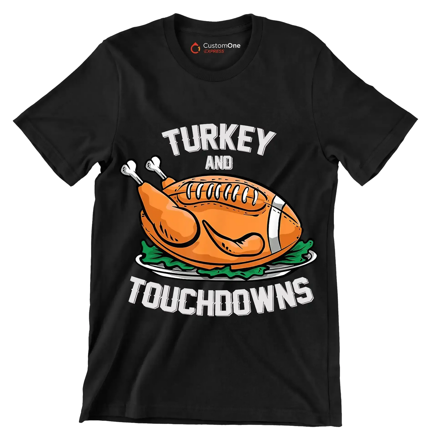 Turkey And Touchdowns - Thanksgiving Themed T-Shirt-Black-S-Custom One Express