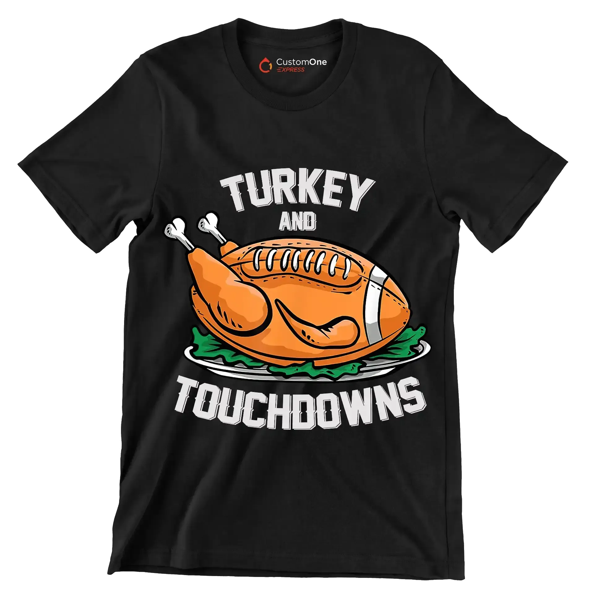 Turkey And Touchdowns - Thanksgiving Themed T-Shirt-Black-S-Custom One Express