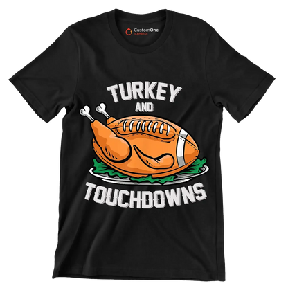 Turkey And Touchdowns - Thanksgiving Themed T-Shirt-Black-S-Custom One Express