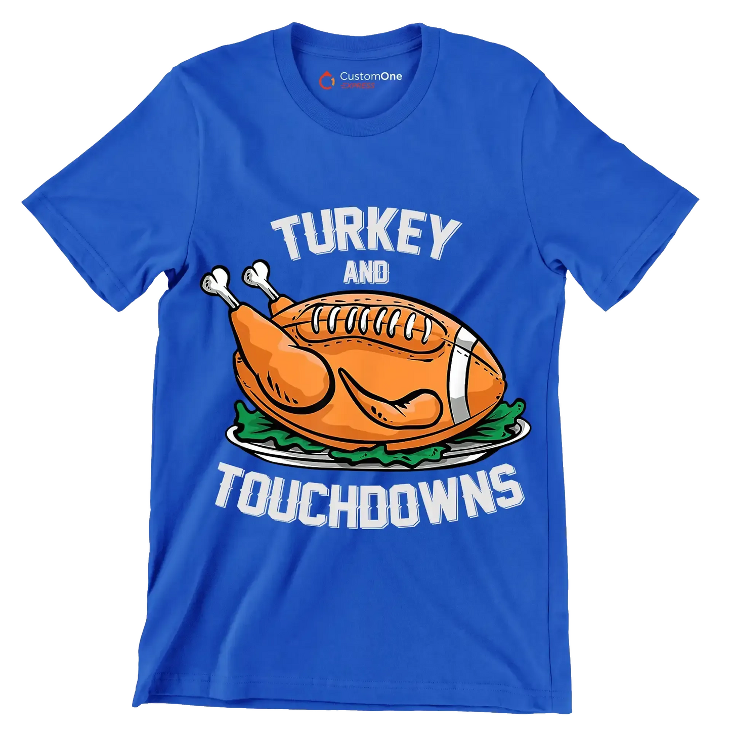 Turkey And Touchdowns - Thanksgiving Themed T-Shirt-Blue-S-Custom One Express