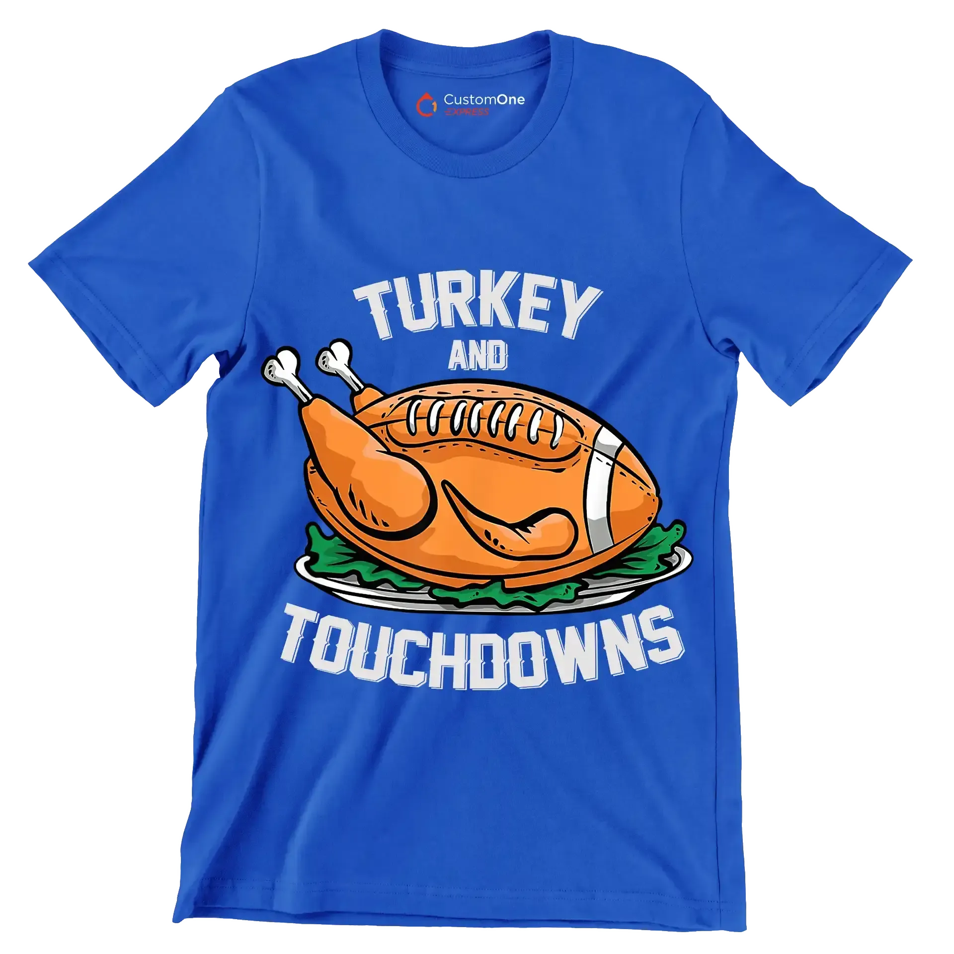 Turkey And Touchdowns - Thanksgiving Themed T-Shirt-Blue-S-Custom One Express
