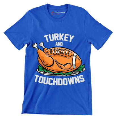 Turkey And Touchdowns - Thanksgiving Themed T-Shirt-Blue-S-Custom One Express