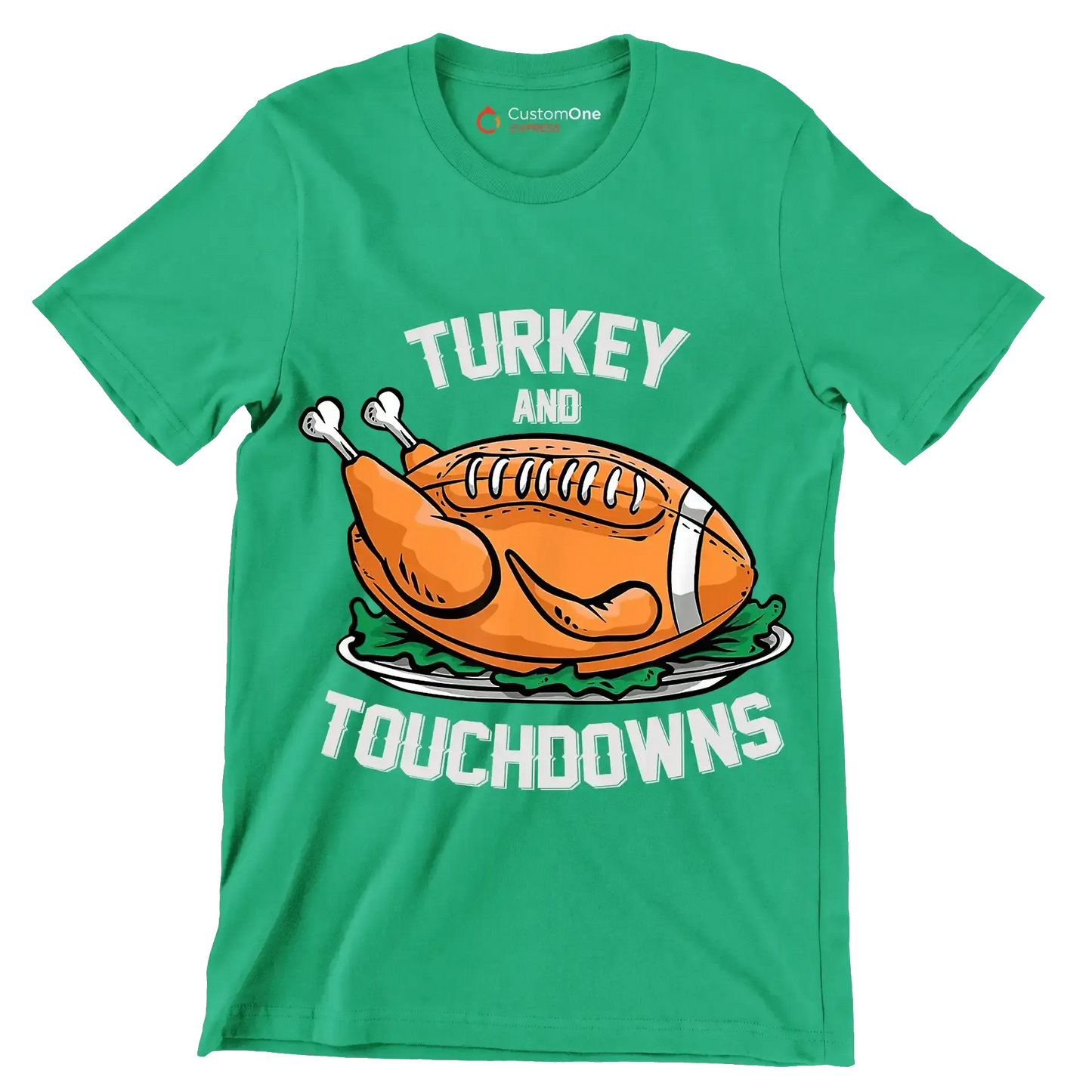 Turkey And Touchdowns - Thanksgiving Themed T-Shirt-Green-S-Custom One Express
