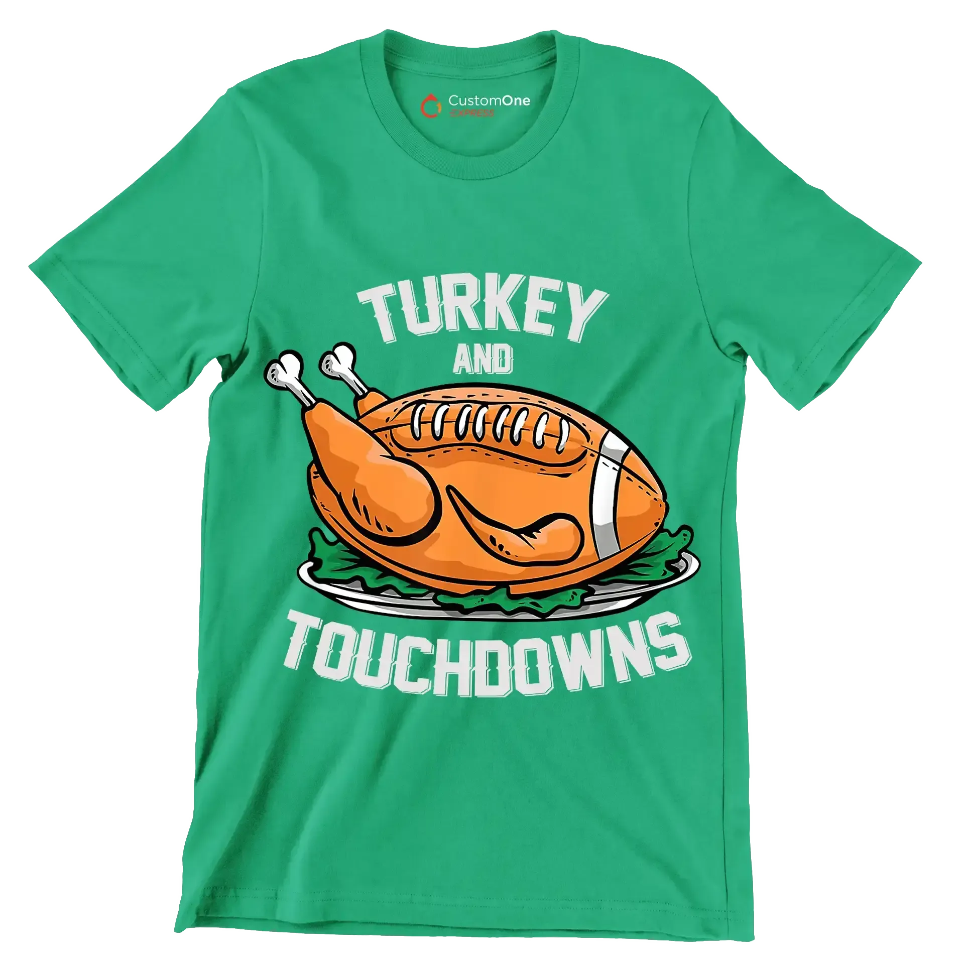Turkey And Touchdowns - Thanksgiving Themed T-Shirt-Green-S-Custom One Express