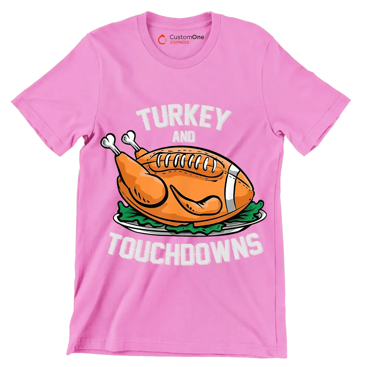 Turkey And Touchdowns - Thanksgiving Themed T-Shirt-Pink-S-Custom One Express
