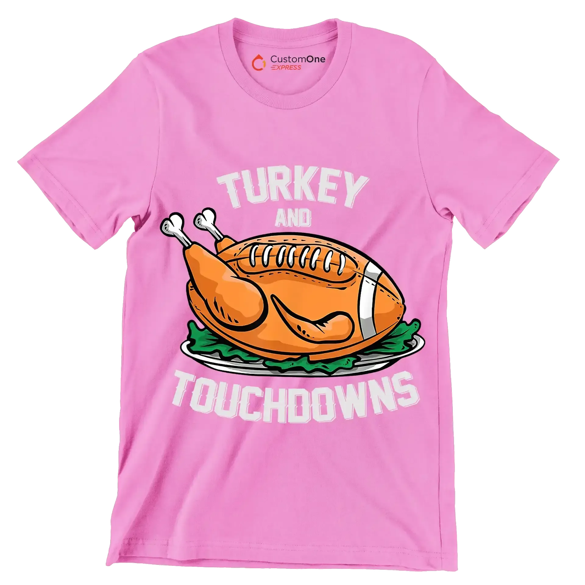 Turkey And Touchdowns - Thanksgiving Themed T-Shirt-Pink-S-Custom One Express