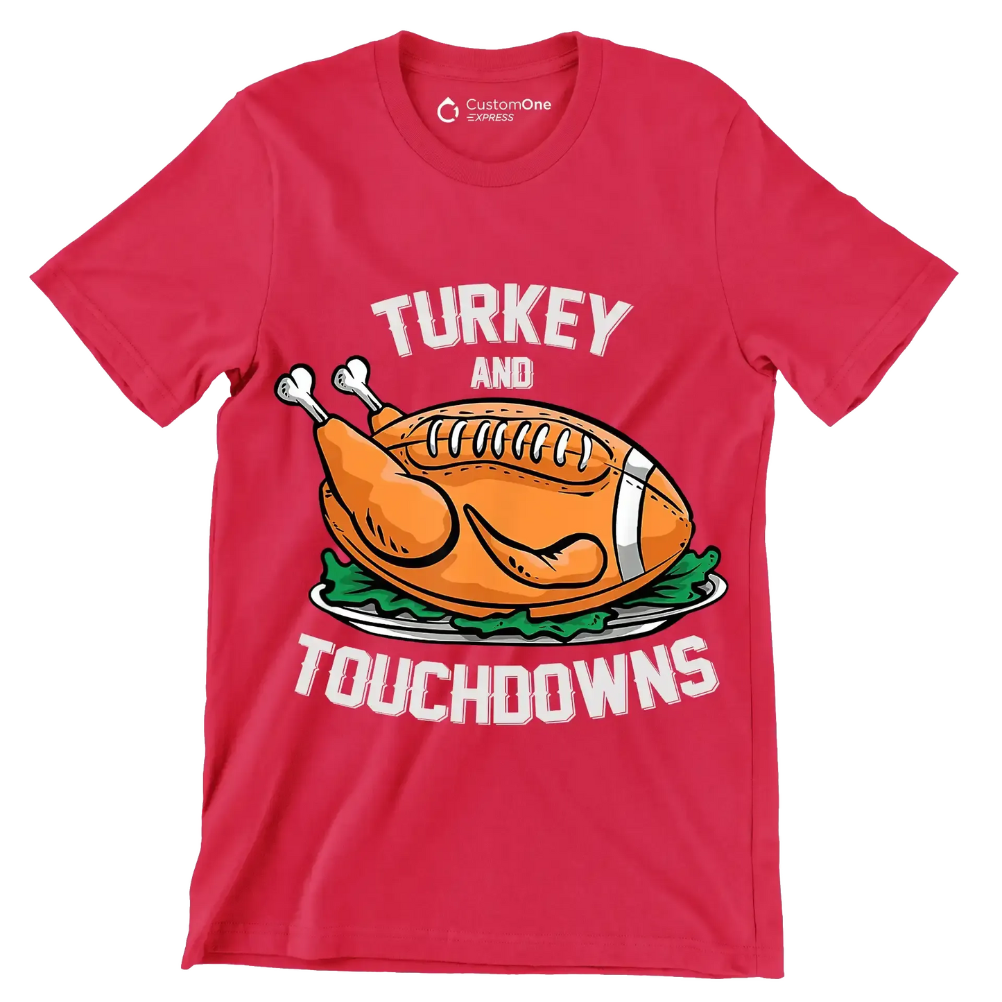 Turkey And Touchdowns - Thanksgiving Themed T-Shirt-Red-S-Custom One Express