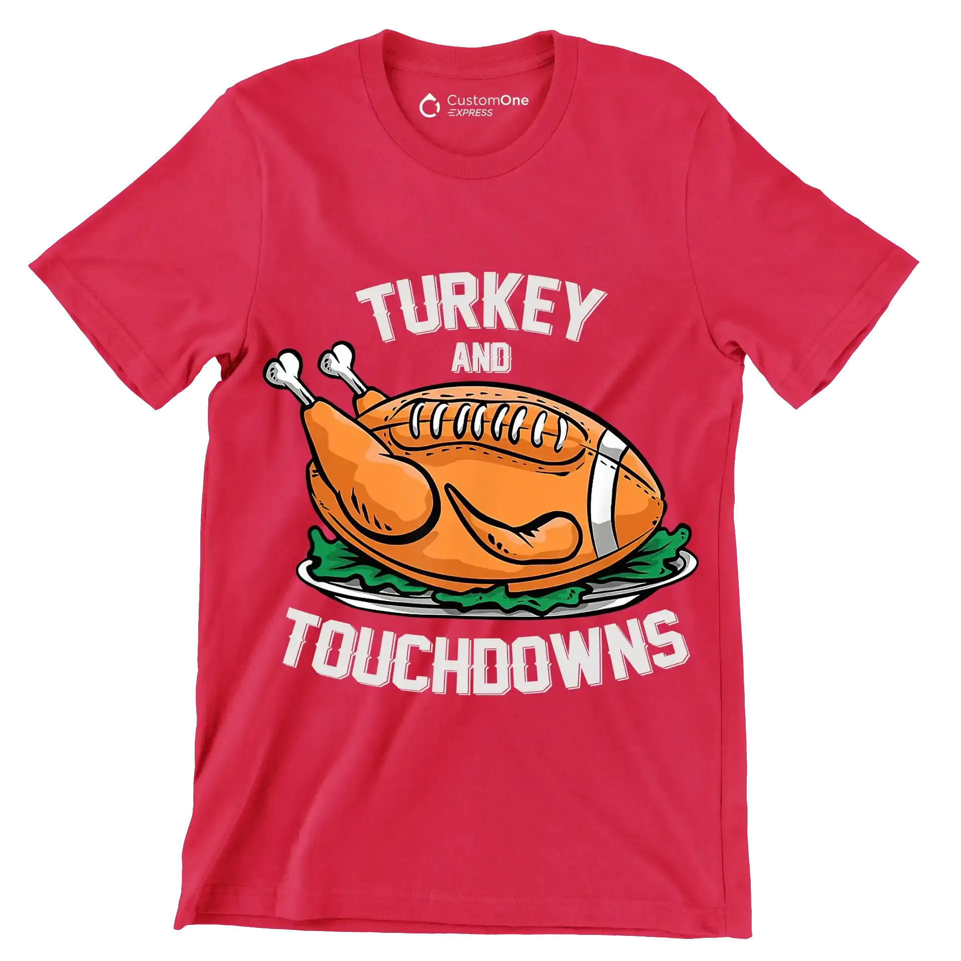 Turkey And Touchdowns - Thanksgiving Themed T-Shirt-Red-S-Custom One Express