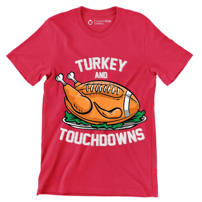 Turkey And Touchdowns - Thanksgiving Themed T-Shirt-Red-S-Custom One Express