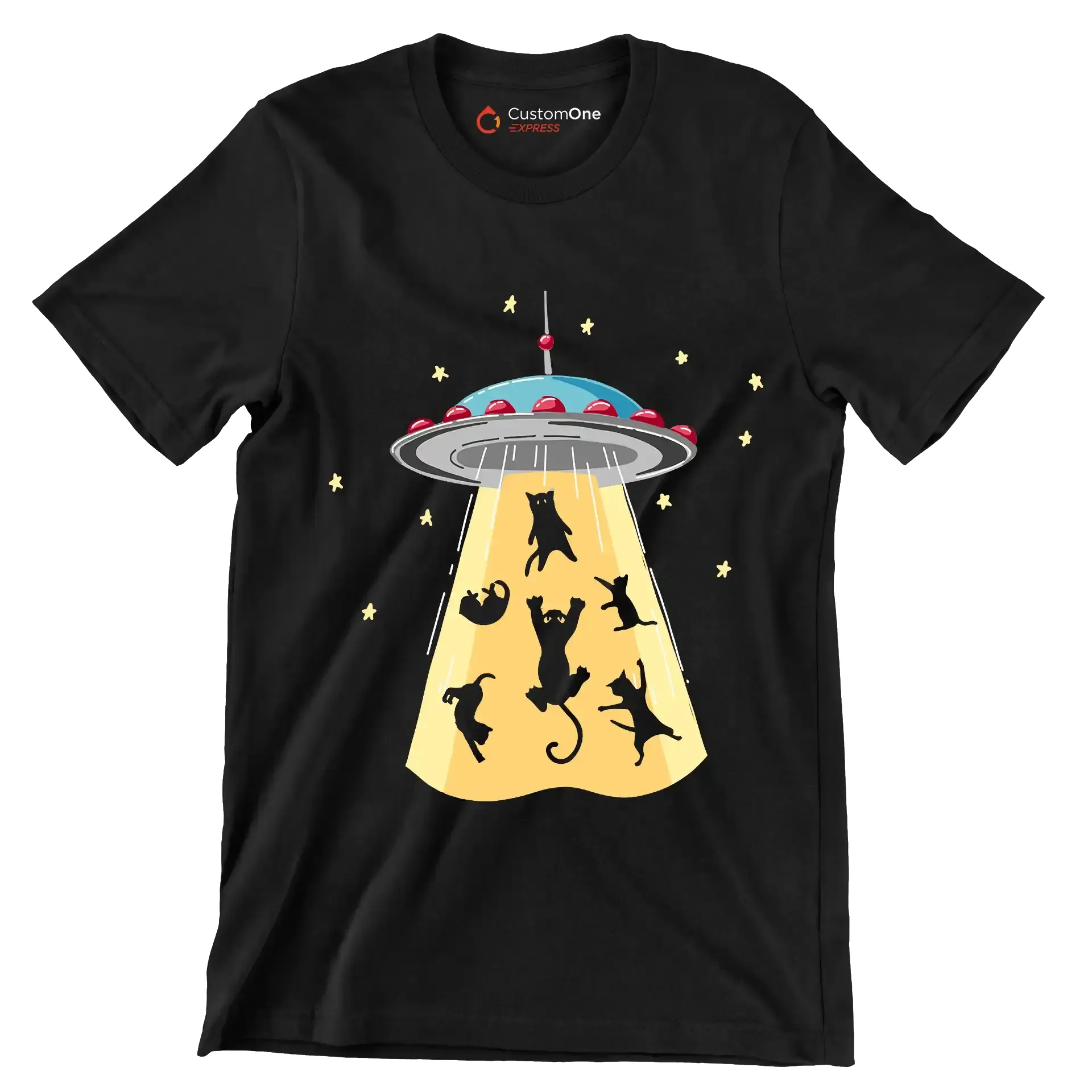 UFO Abducting Cats Illustration - Cat Themed T-Shirt-Black-S-Custom One Express