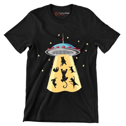 UFO Abducting Cats Illustration - Cat Themed T-Shirt-Black-S-Custom One Express