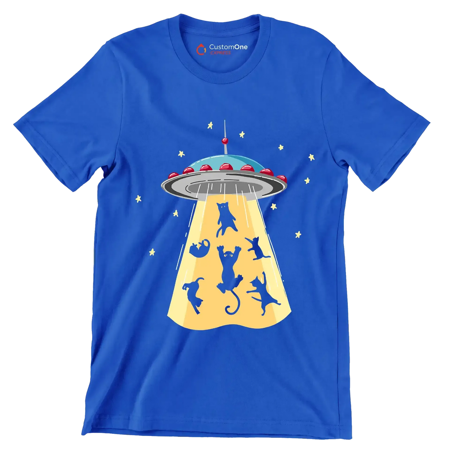 UFO Abducting Cats Illustration - Cat Themed T-Shirt-Blue-S-Custom One Express