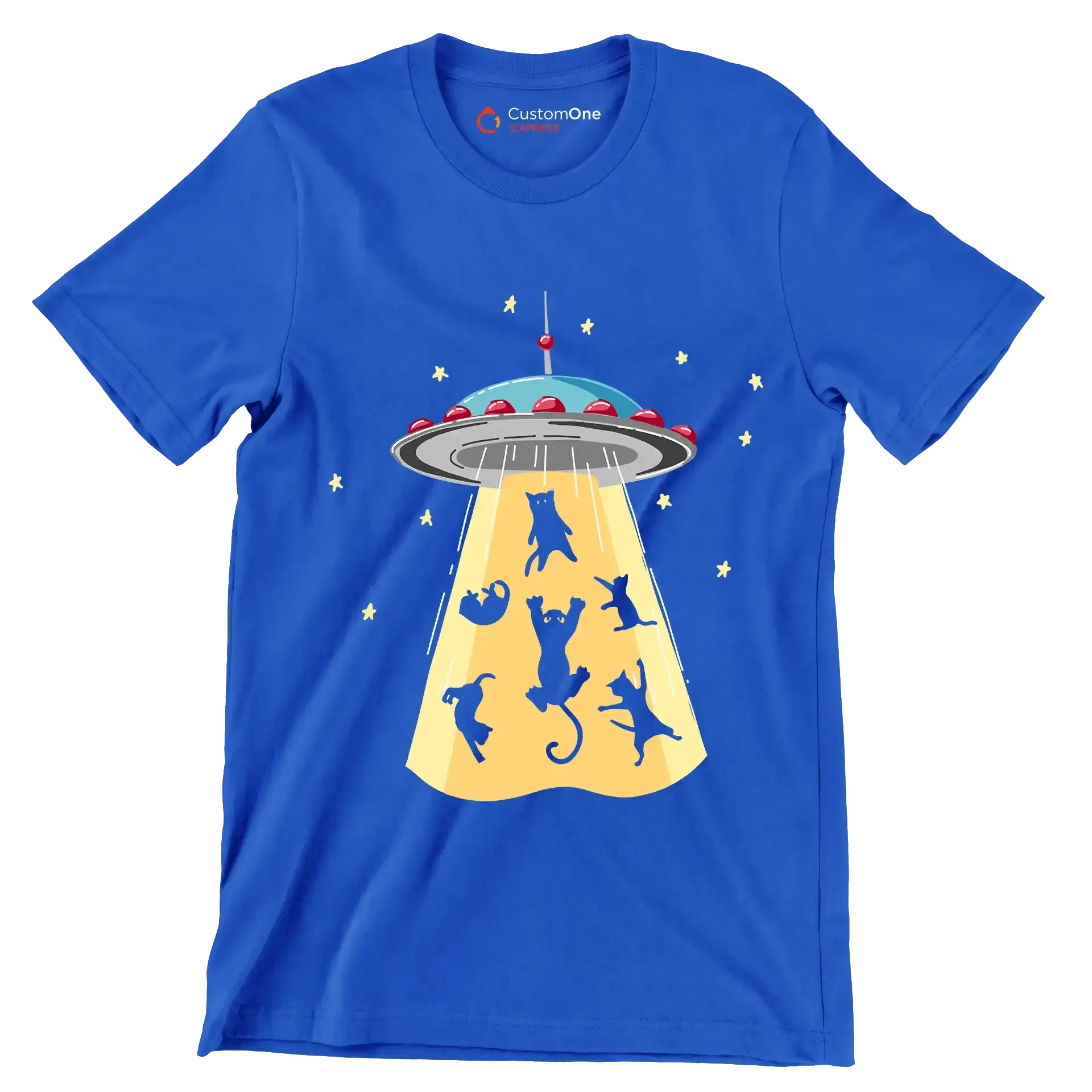 UFO Abducting Cats Illustration - Cat Themed T-Shirt-Blue-S-Custom One Express