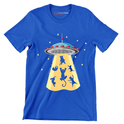UFO Abducting Cats Illustration - Cat Themed T-Shirt-Blue-S-Custom One Express