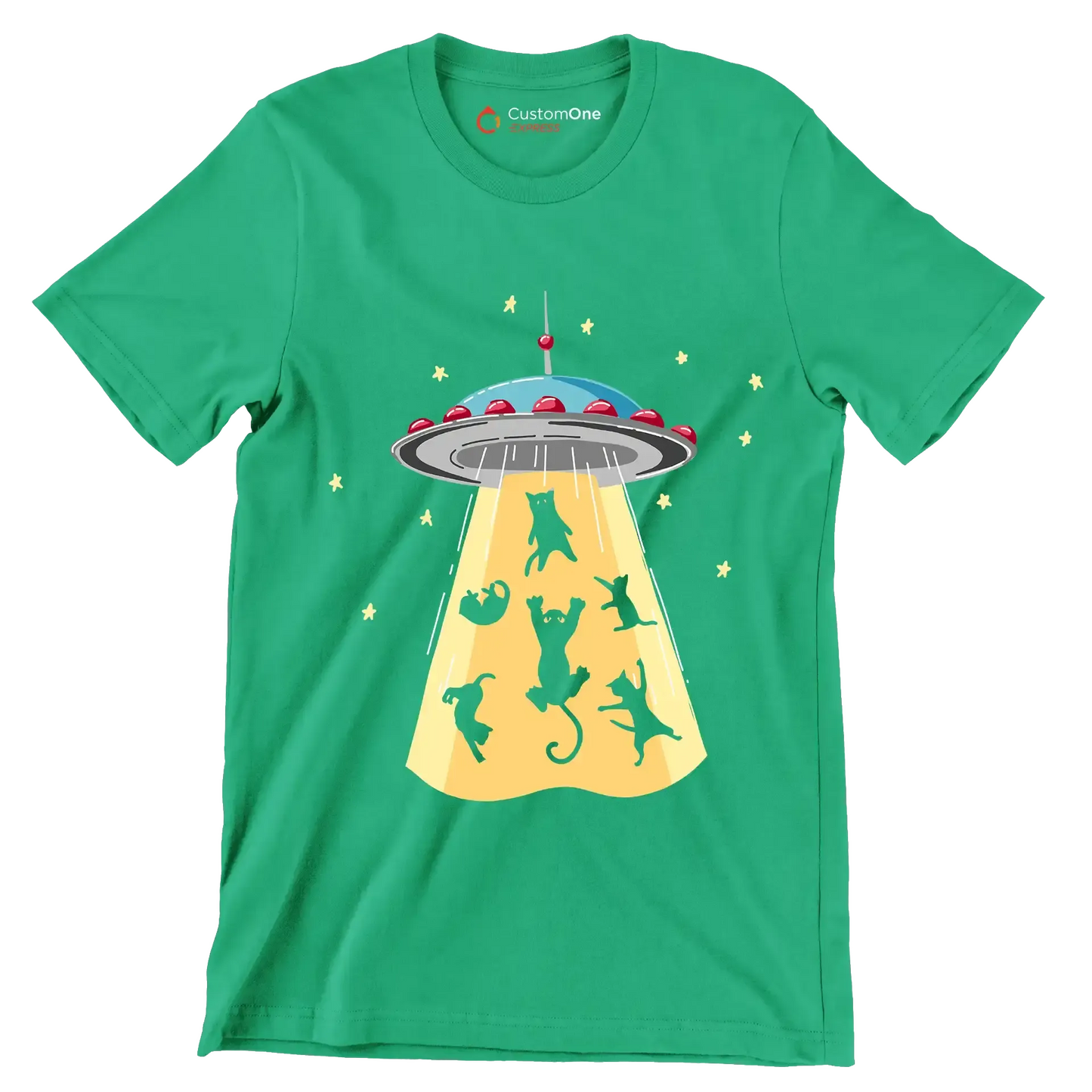 UFO Abducting Cats Illustration - Cat Themed T-Shirt-Green-S-Custom One Express