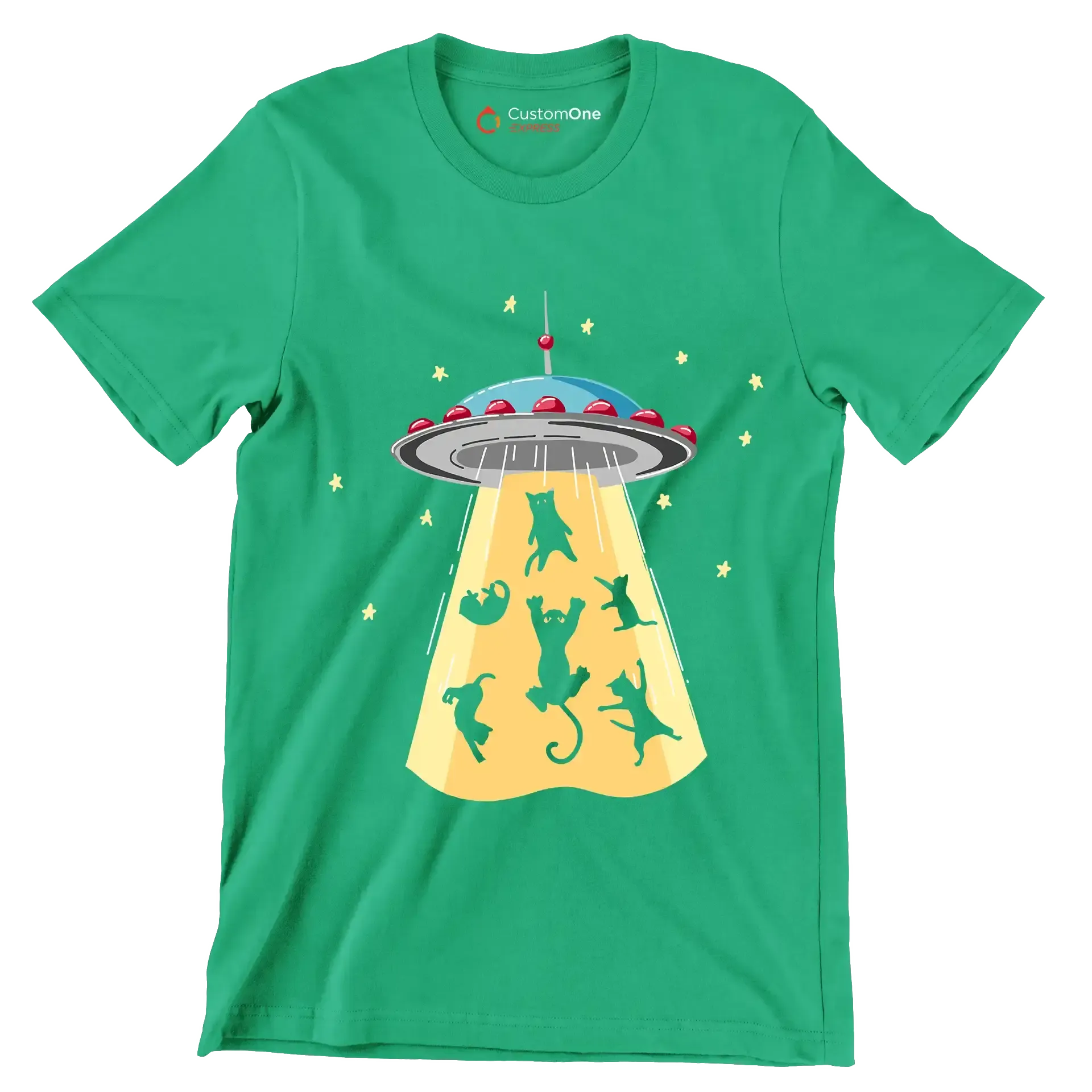 UFO Abducting Cats Illustration - Cat Themed T-Shirt-Green-S-Custom One Express