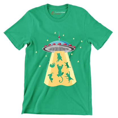 UFO Abducting Cats Illustration - Cat Themed T-Shirt-Green-S-Custom One Express