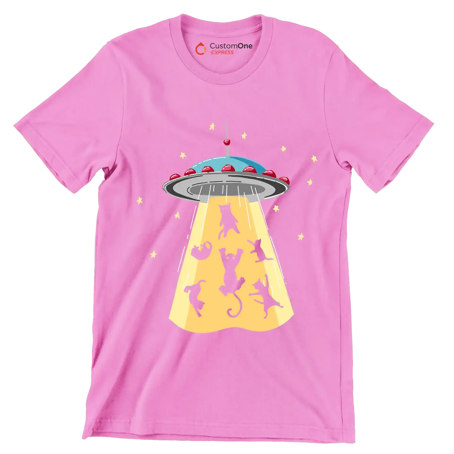 UFO Abducting Cats Illustration - Cat Themed T-Shirt-Pink-S-Custom One Express