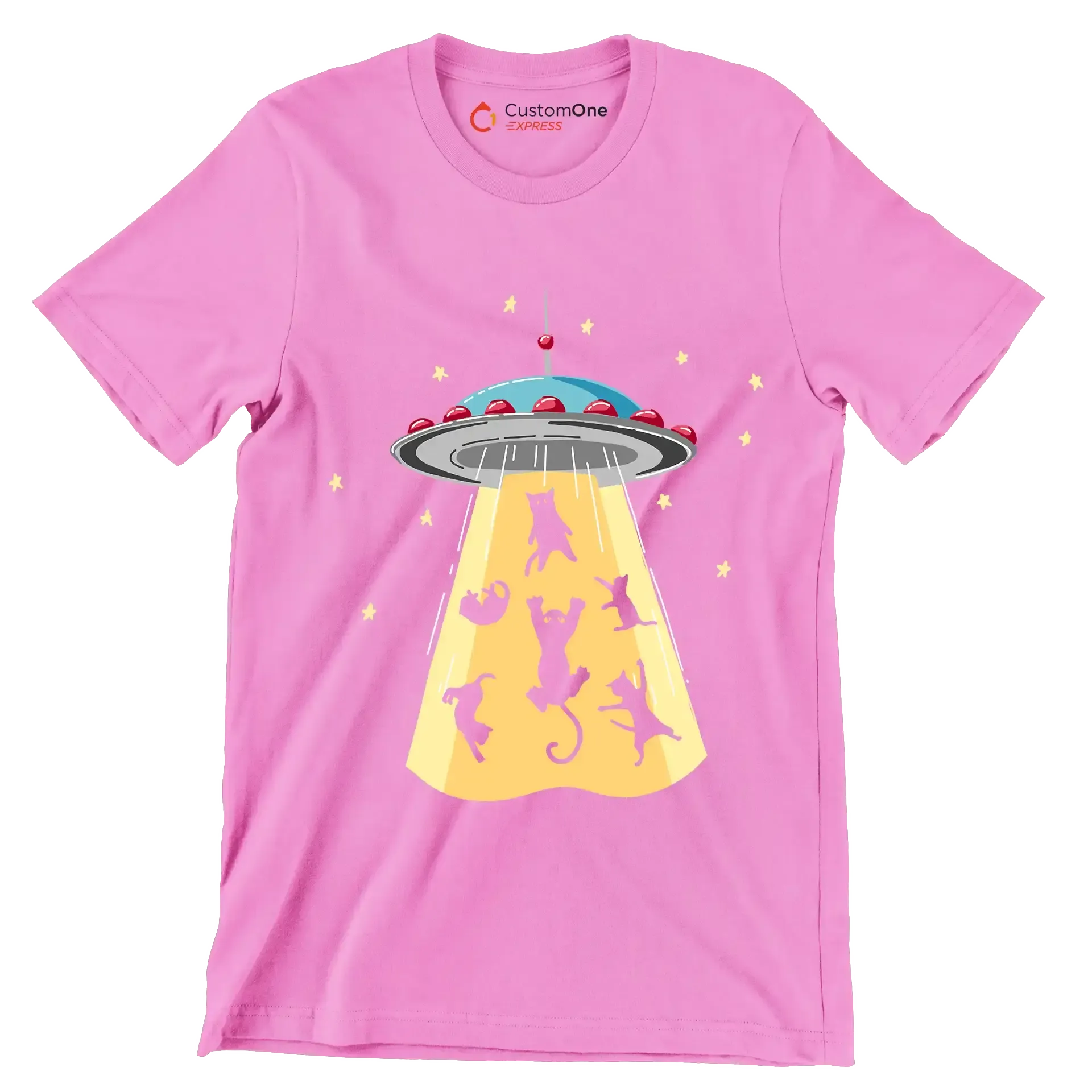 UFO Abducting Cats Illustration - Cat Themed T-Shirt-Pink-S-Custom One Express