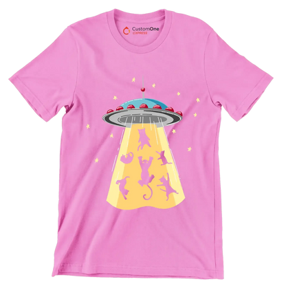 UFO Abducting Cats Illustration - Cat Themed T-Shirt-Pink-S-Custom One Express