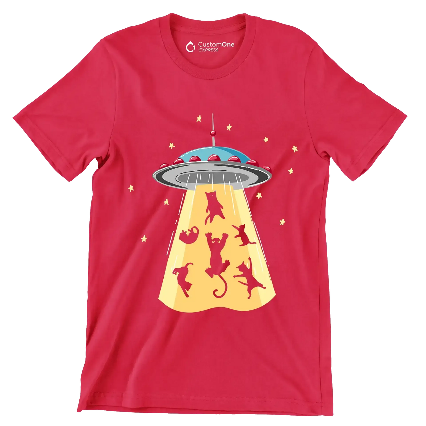 UFO Abducting Cats Illustration - Cat Themed T-Shirt-Red-S-Custom One Express
