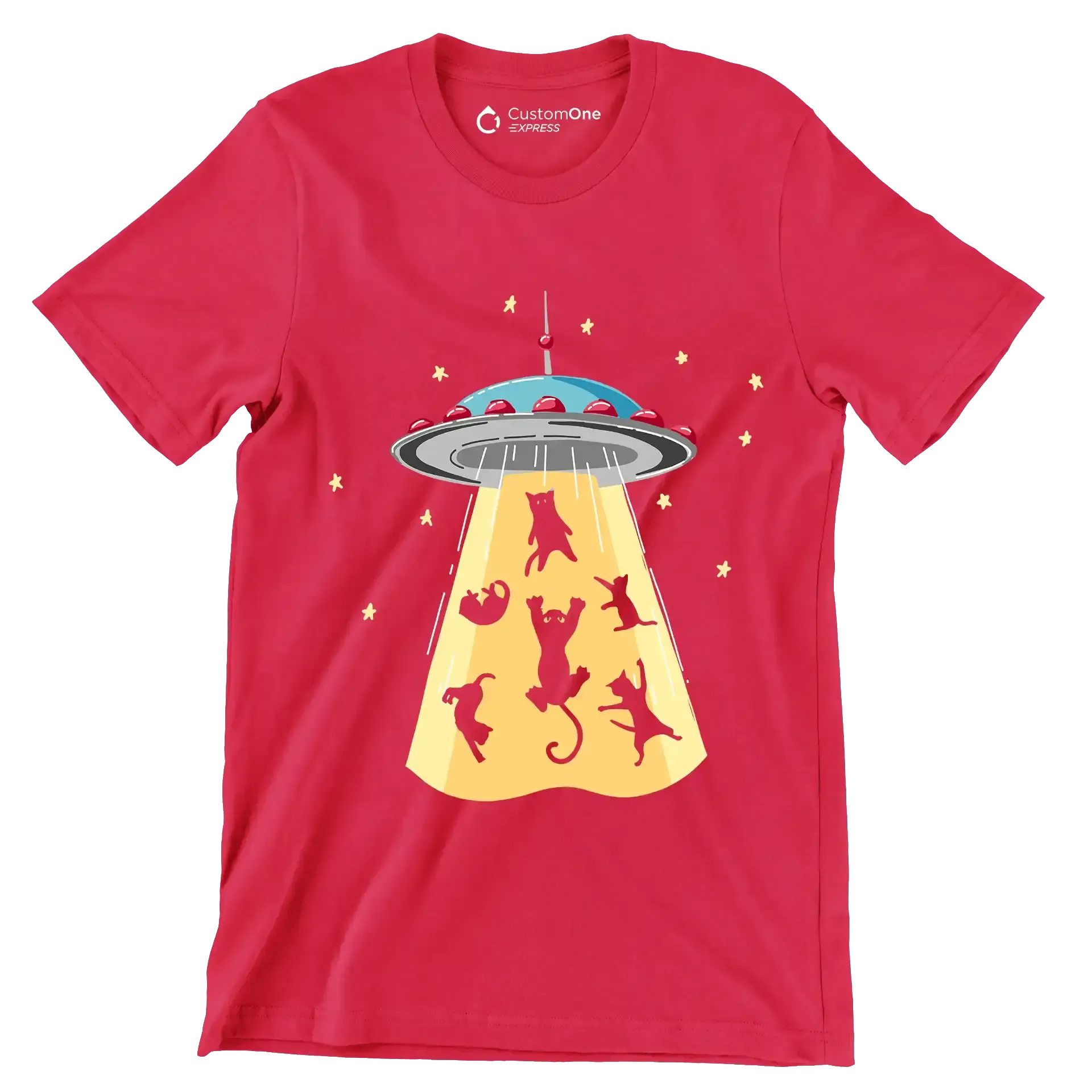 UFO Abducting Cats Illustration - Cat Themed T-Shirt-Red-S-Custom One Express