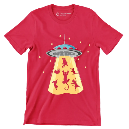 UFO Abducting Cats Illustration - Cat Themed T-Shirt-Red-S-Custom One Express