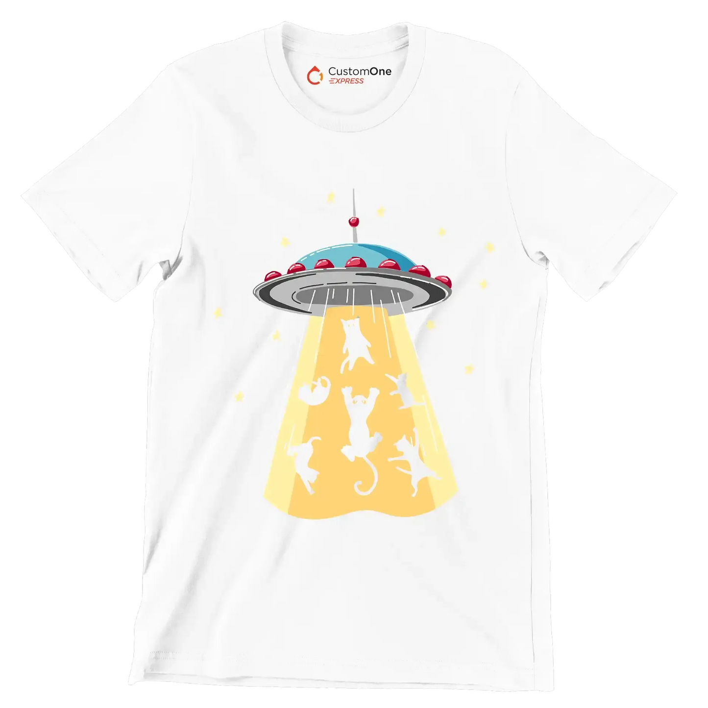 UFO Abducting Cats Illustration - Cat Themed T-Shirt-White-S-Custom One Express