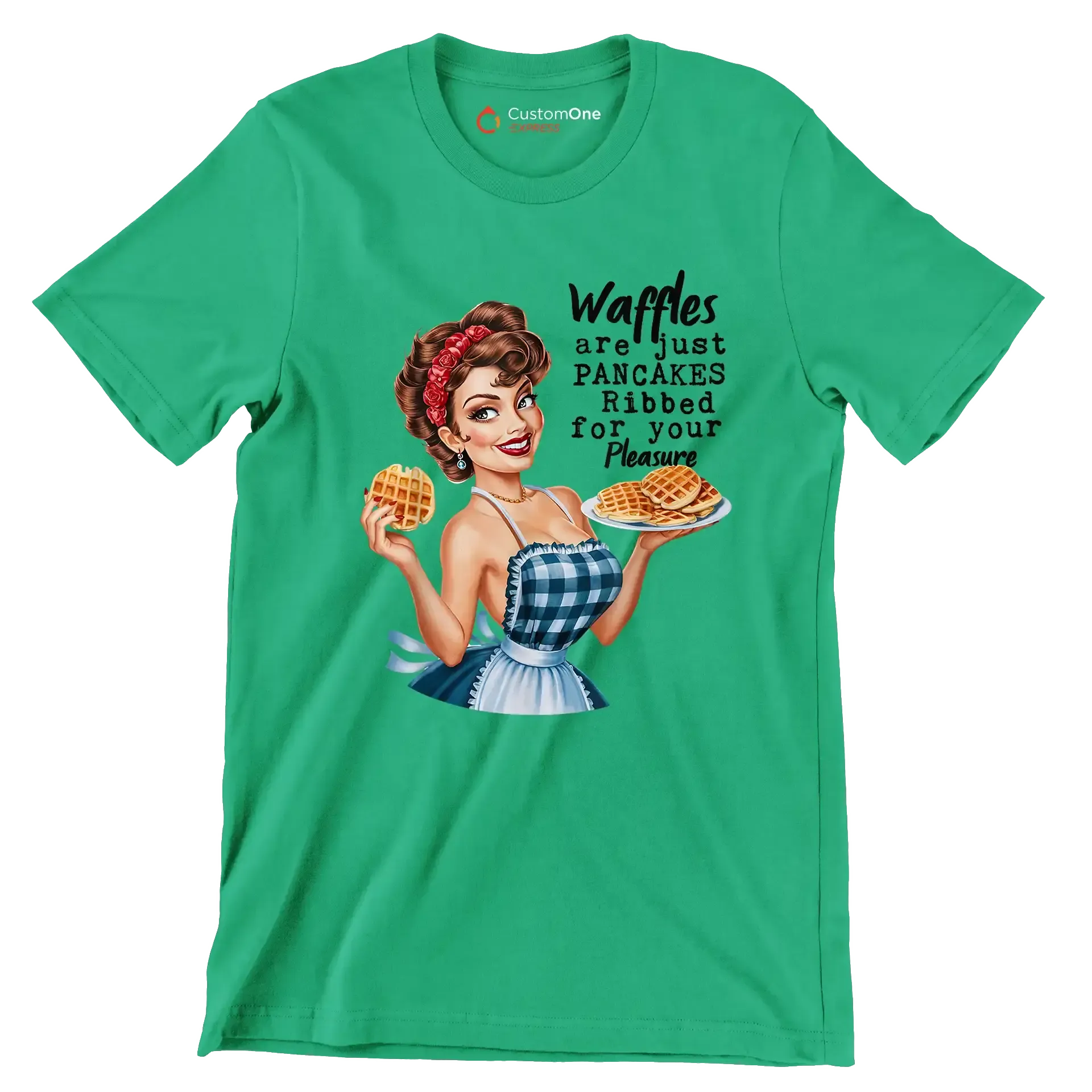 Waffles are just pancakes ribbed for your pleasure - Retro Themed T-Shirt-Green-S-Custom One Express