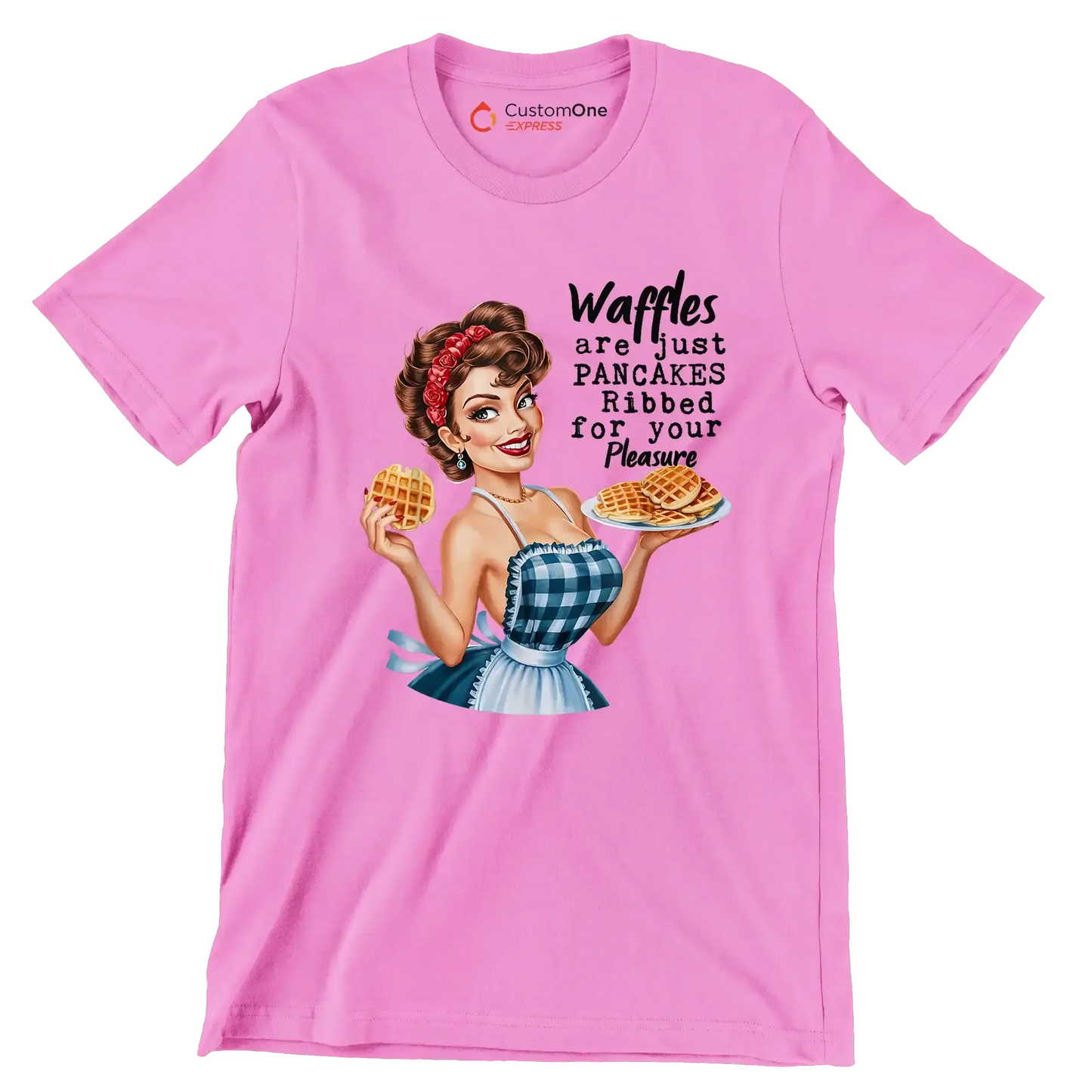 Waffles are just pancakes ribbed for your pleasure - Retro Themed T-Shirt-Pink-S-Custom One Express