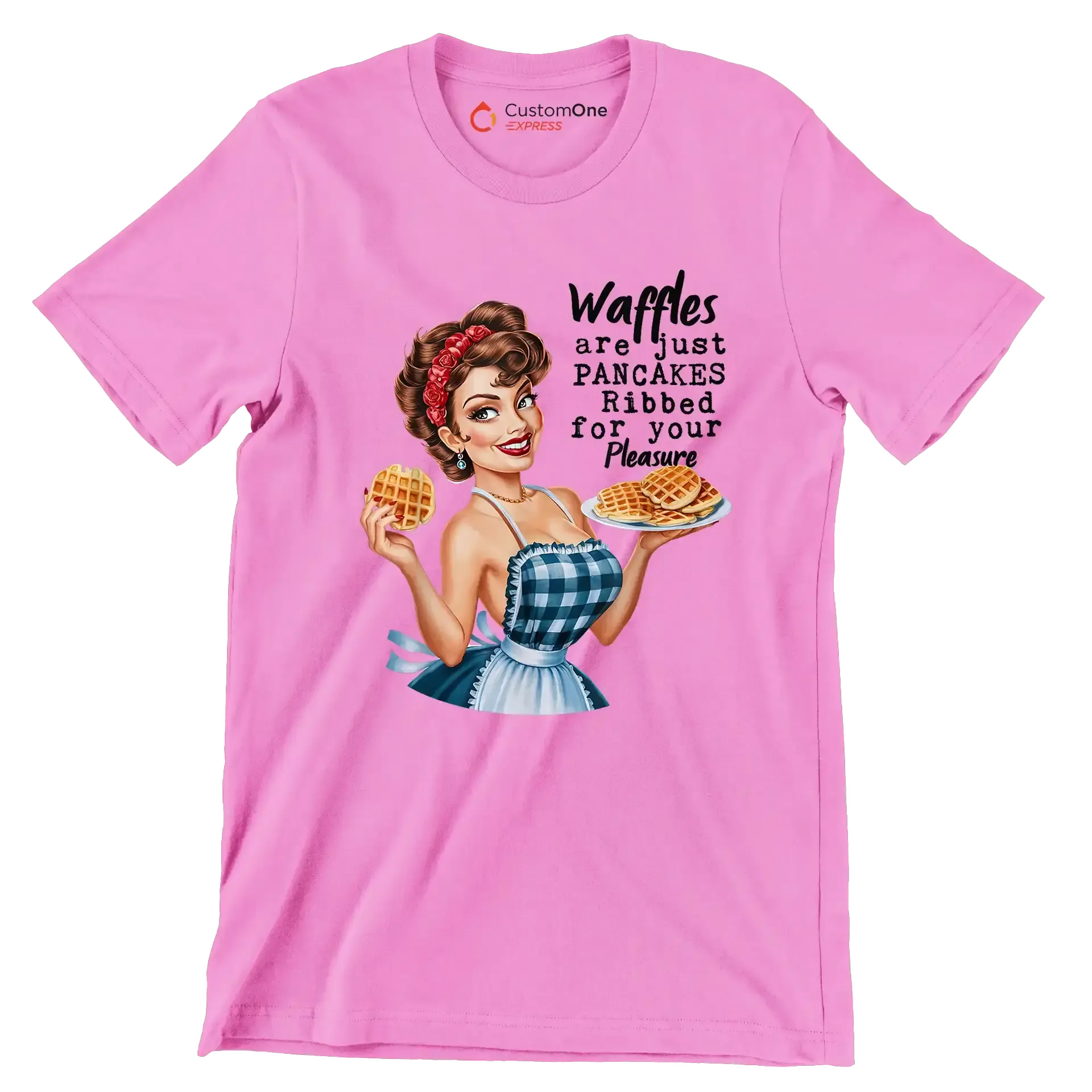 Waffles are just pancakes ribbed for your pleasure - Retro Themed T-Shirt-Pink-S-Custom One Express