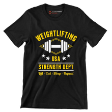 Weightlifting USA Strength Dept Lift Eat Sleep Repeat - Gym Themed T-Shirt-Black-S-Custom One Express