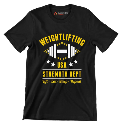 Weightlifting USA Strength Dept Lift Eat Sleep Repeat - Gym Themed T-Shirt-Black-S-Custom One Express