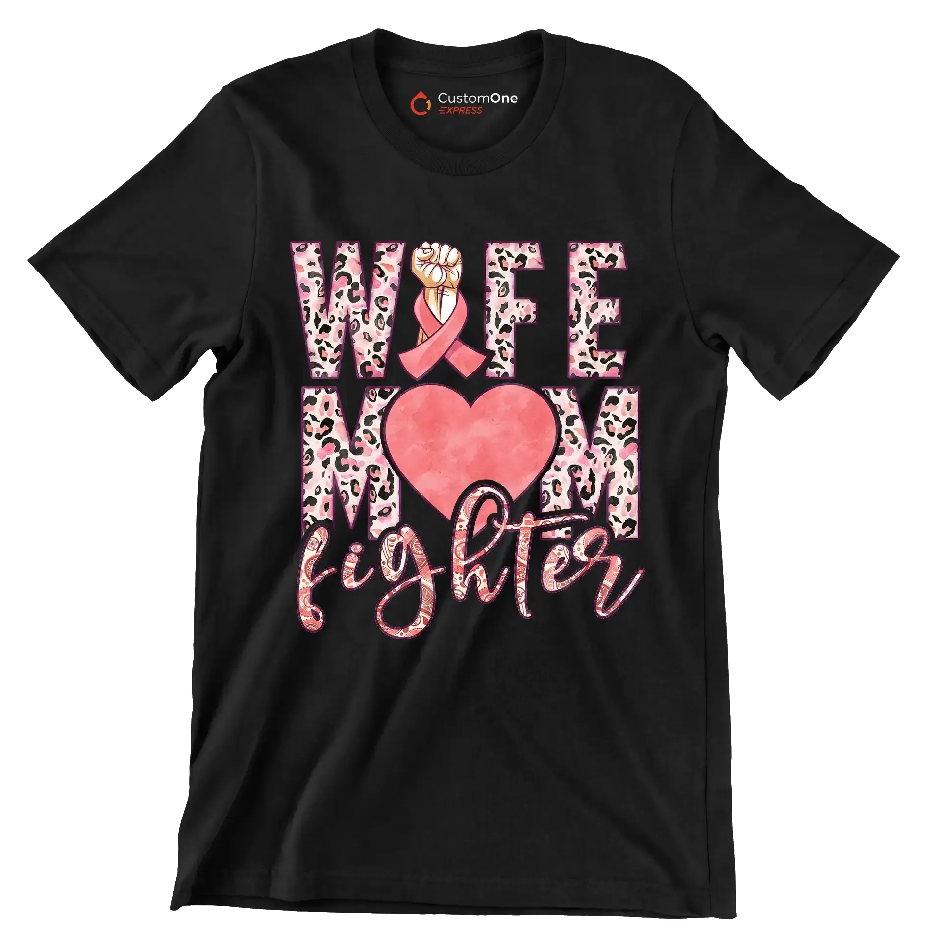 Wife Mom Fighter - Breast Cancer Awareness T-Shirt-Black-S-Custom One Express