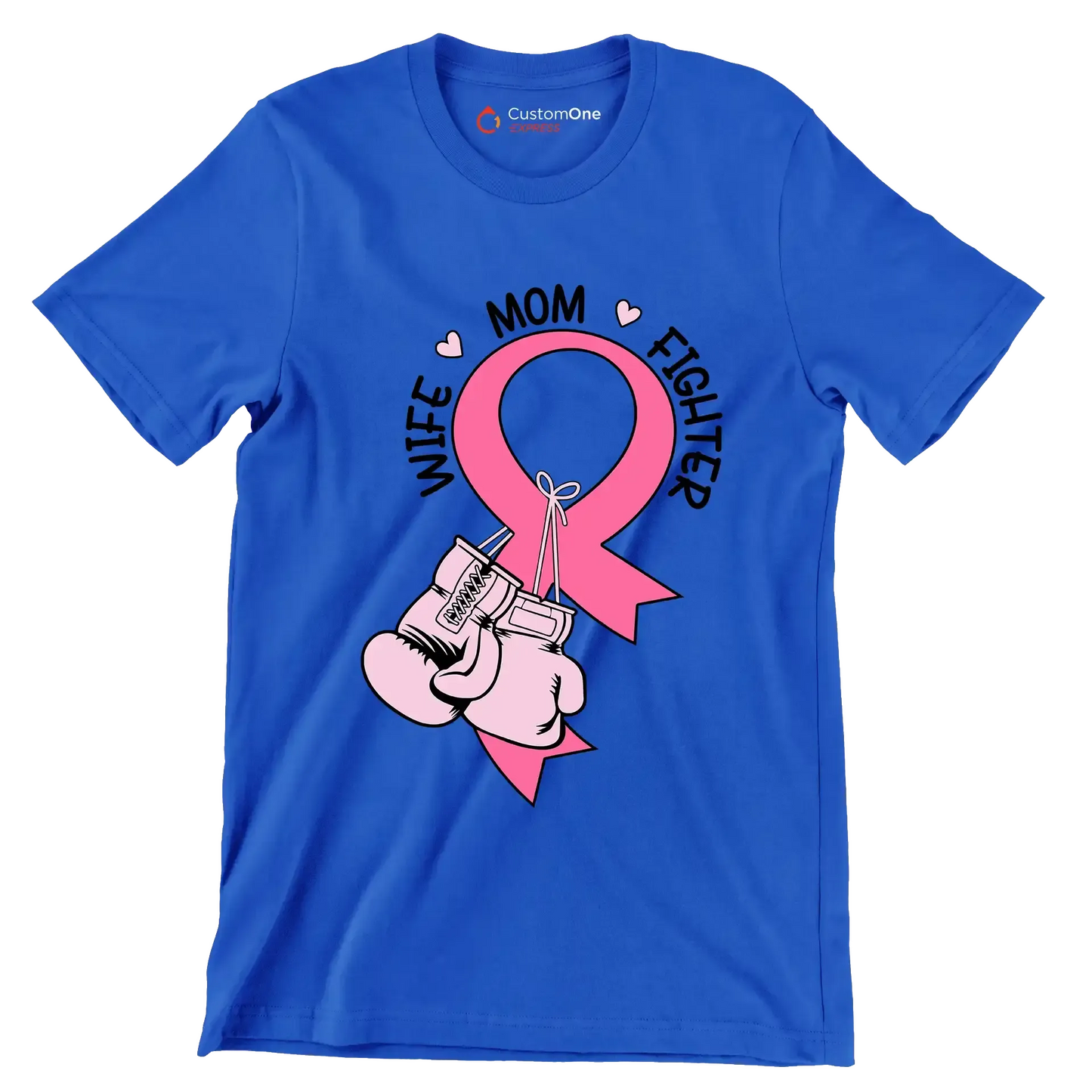 Wife Mom Fighter - Breast Cancer Awareness T-Shirt-Blue-S-Custom One Express
