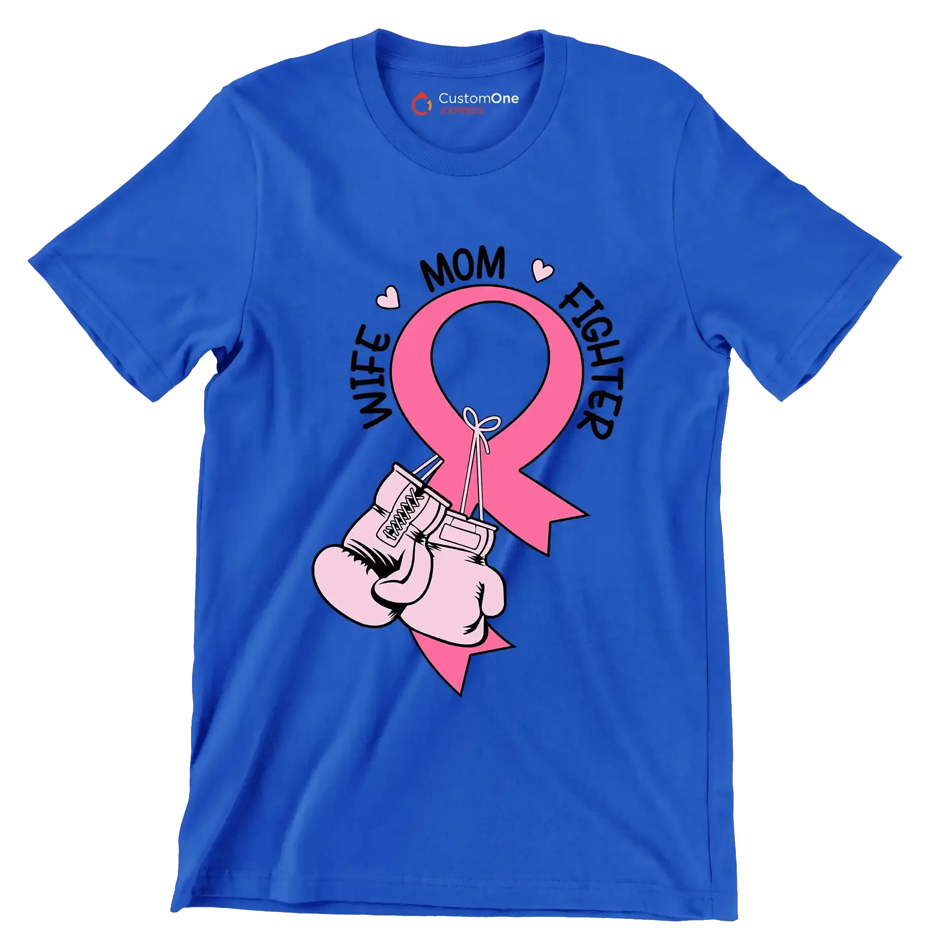 Wife Mom Fighter - Breast Cancer Awareness T-Shirt-Blue-S-Custom One Express