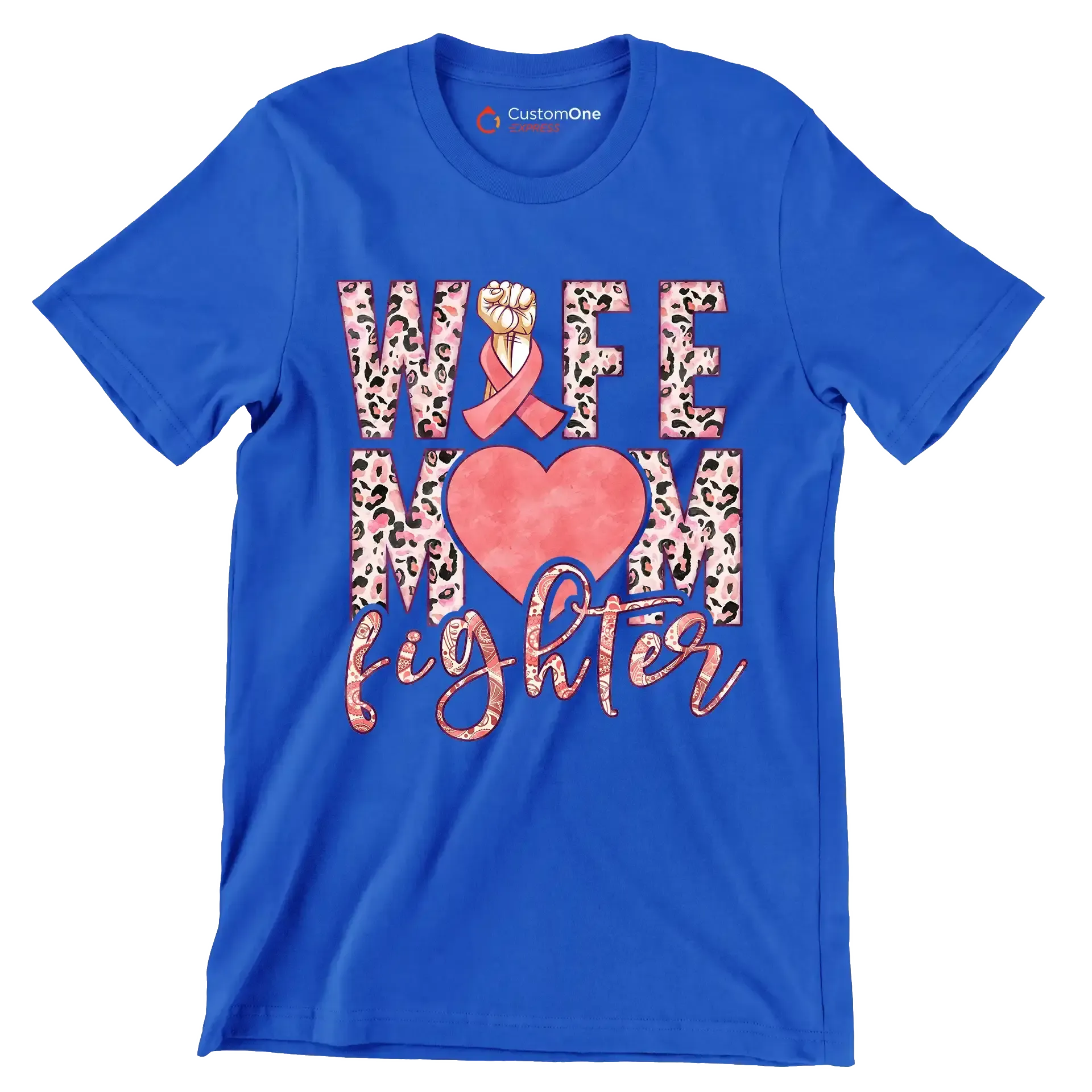 Wife Mom Fighter - Breast Cancer Awareness T-Shirt-Blue-S-Custom One Express