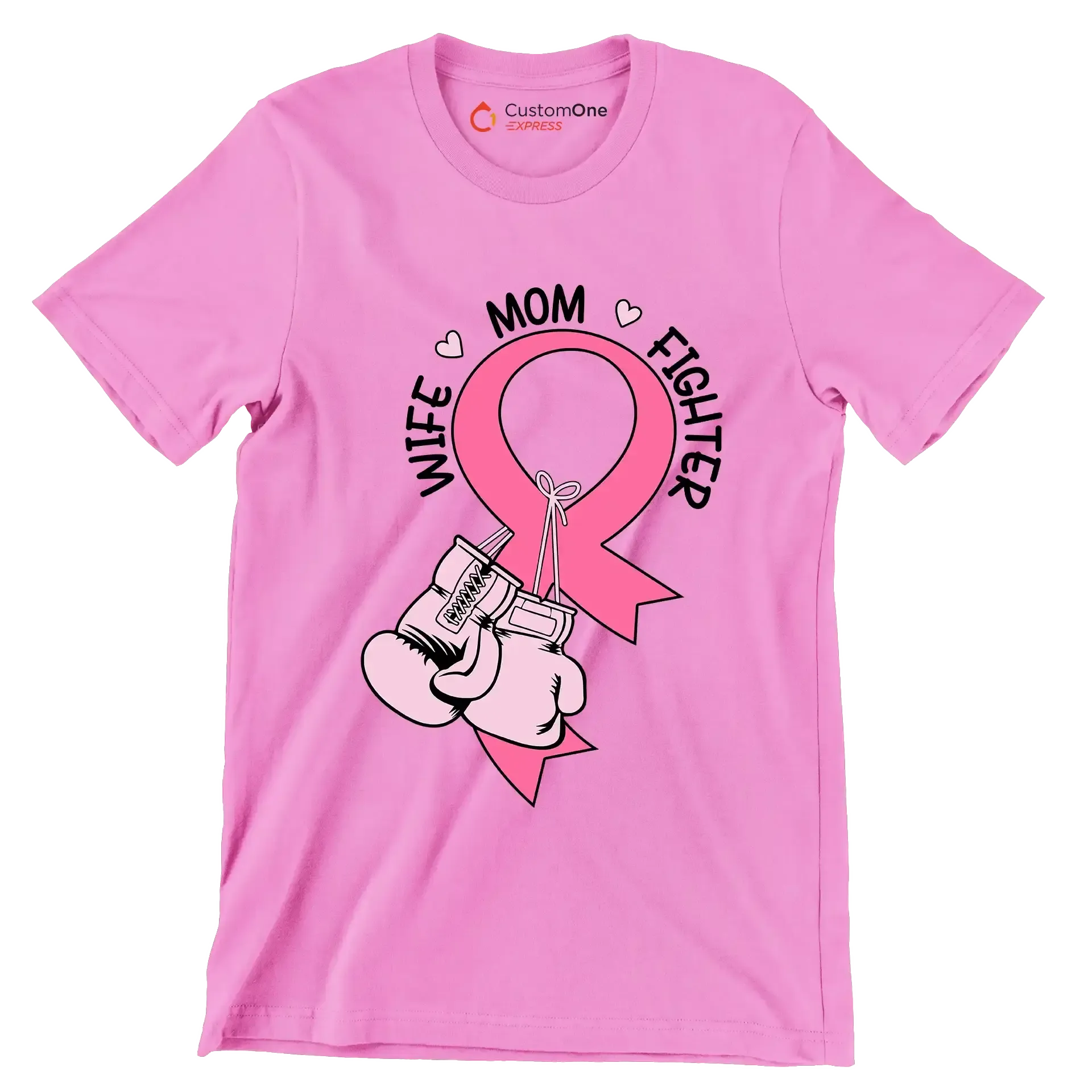 Wife Mom Fighter - Breast Cancer Awareness T-Shirt-Pink-S-Custom One Express
