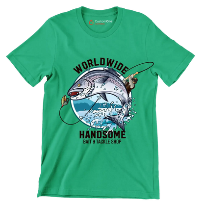 Worldwide handsome bait & tackle shop - Fishing Themed T-Shirt-Green-S-Custom One Express